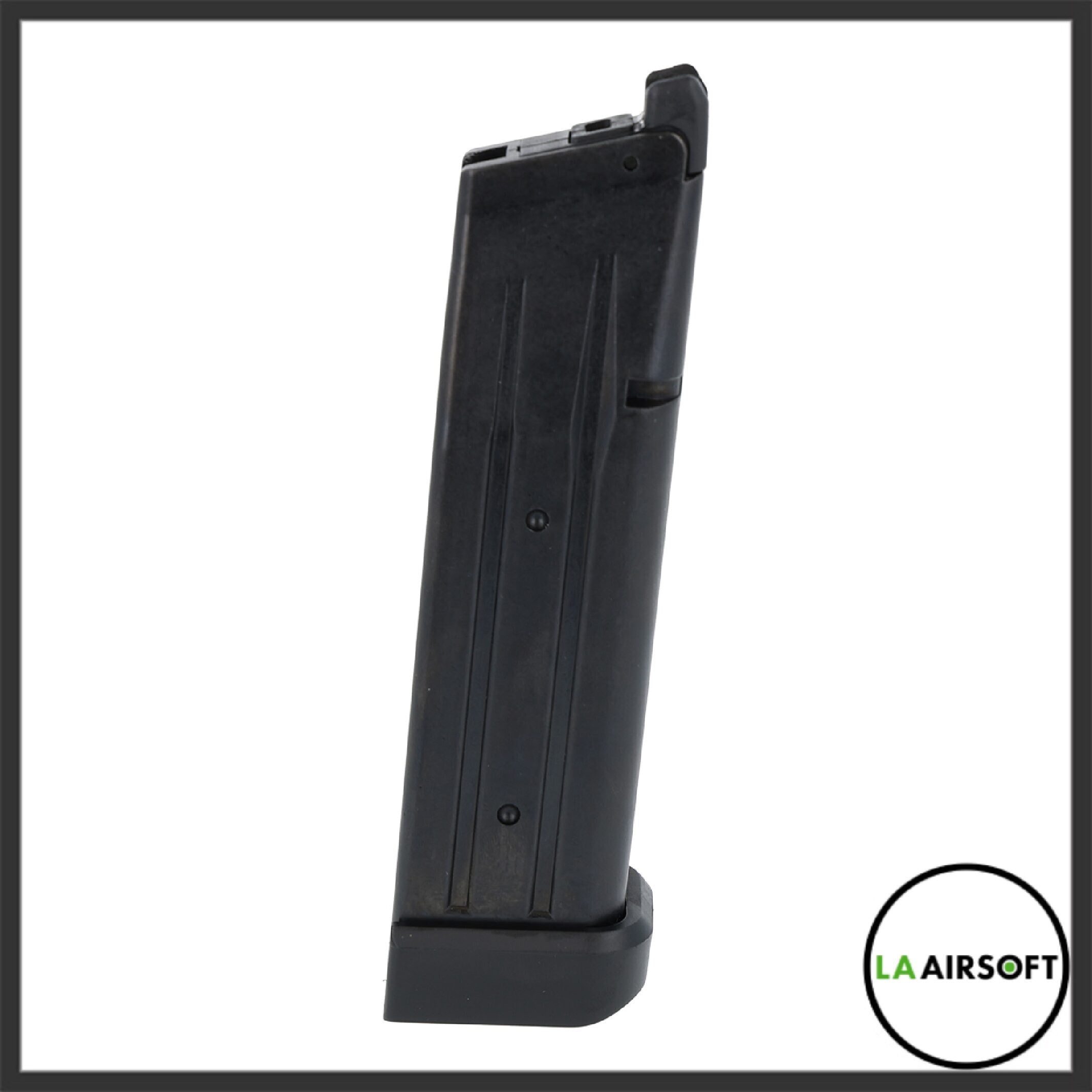 Tokyo Marui 31 Round Hi-Capa magazine in black, standing upright showing the side profile and extended baseplate.