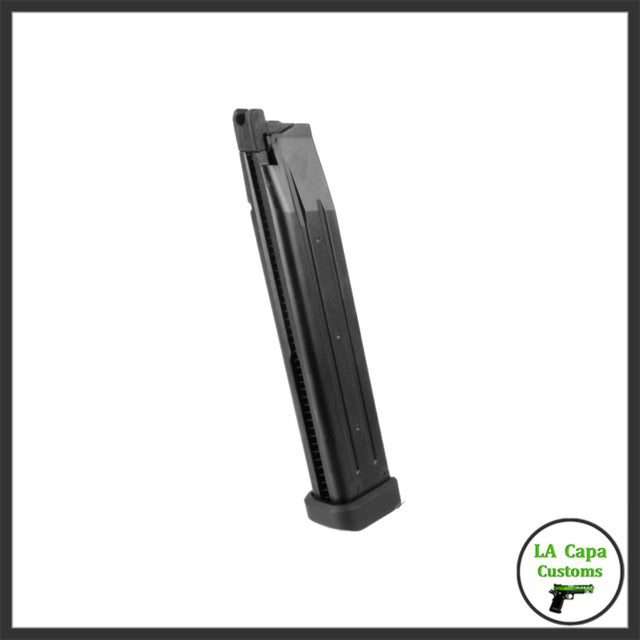 Extended black gas magazine for the Tokyo Marui .45 Extreme Full Auto, shown upright at an angle.