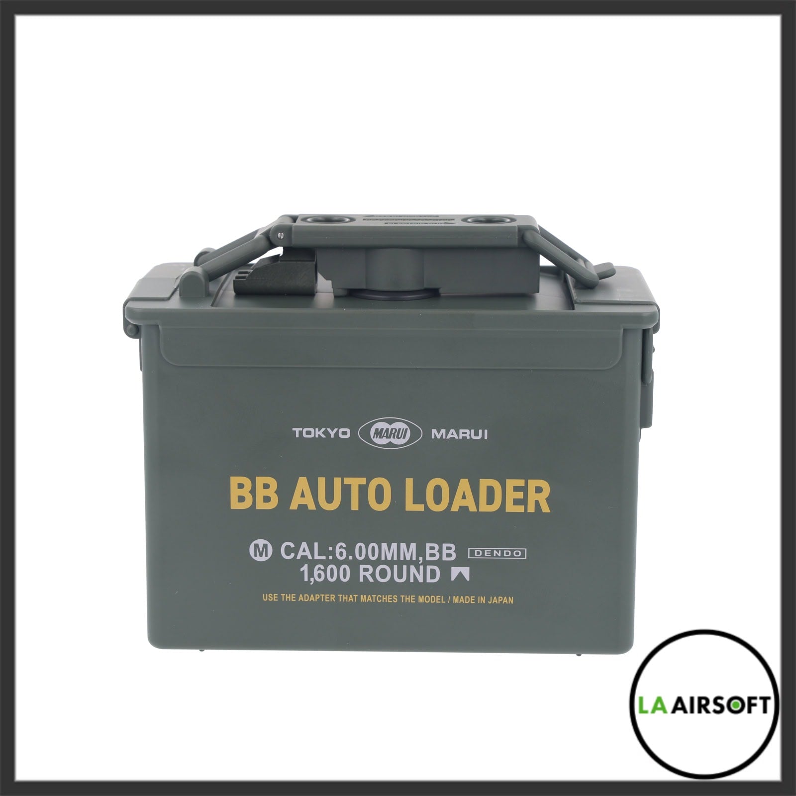 Tokyo Marui BB Auto Loader in an olive-green ammo-can body, labelled 6.00mm cal, 1,600 round capacity, front view.