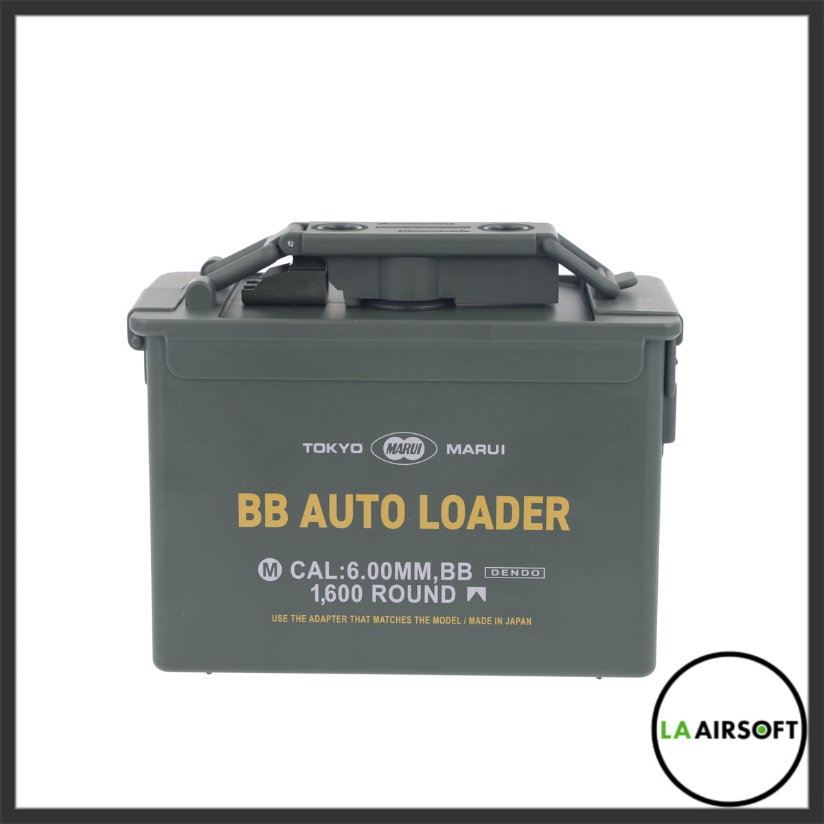 Tokyo Marui BB Auto Loader in an olive-green ammo-can body, labelled 6.00mm cal, 1,600 round capacity, front view.