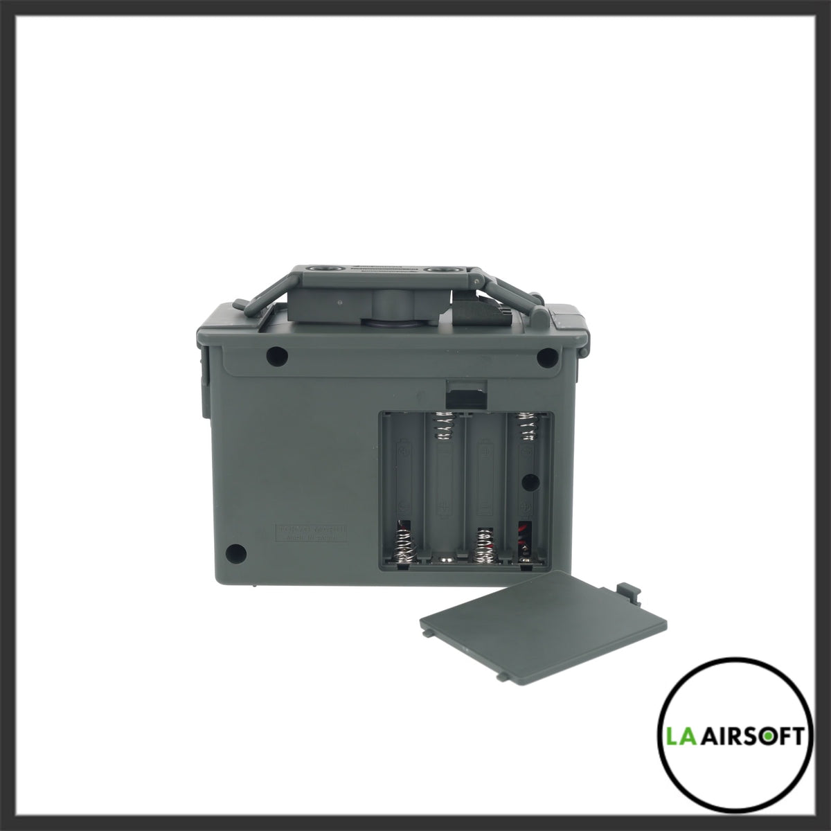 Rear view of the Tokyo Marui BB Auto Loader with the battery compartment cover removed, revealing a three-slot AA battery tray.