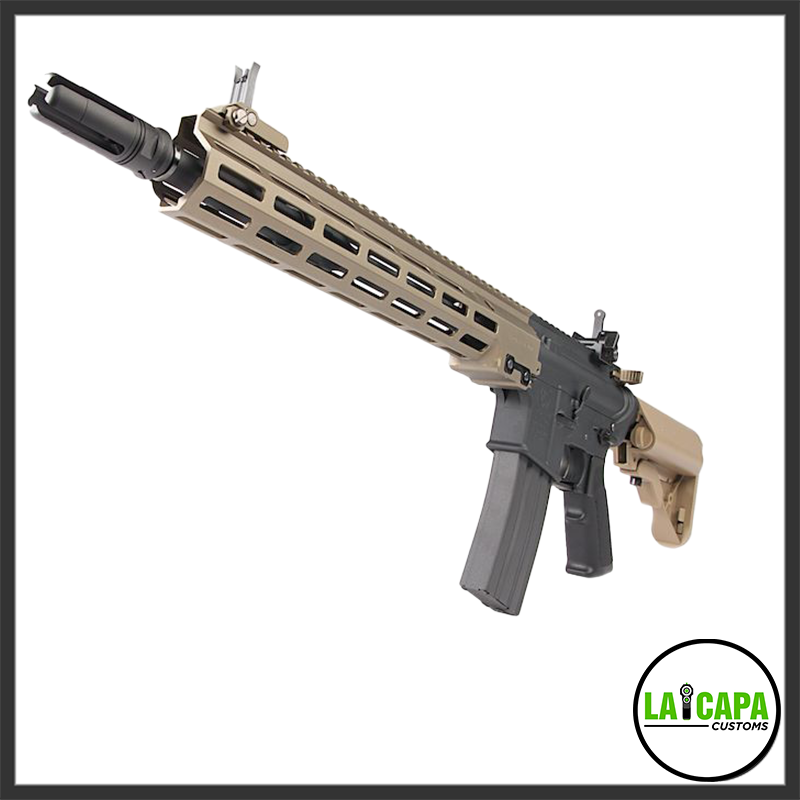 Tokyo Marui x Colt URG-I SOPMOD Block 3 Recoil Shock AEG rifle at a three-quarter front angle, highlighting the flash hider, flat dark earth M-LOK handguard, and folded front sight.