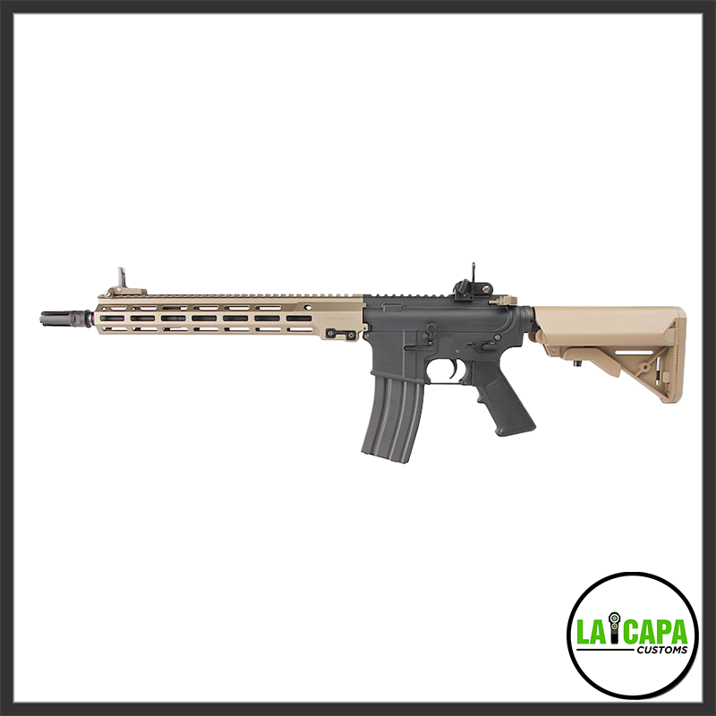Tokyo Marui x Colt URG-I SOPMOD Block 3 Recoil Shock AEG rifle in black and flat dark earth, right-side profile view showing the full-length M-LOK handguard and collapsible stock.