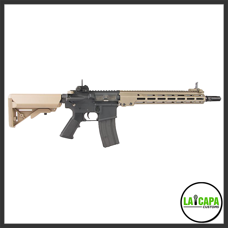 Tokyo Marui x Colt URG-I SOPMOD Block 3 Recoil Shock AEG in two-tone black and tan, full left-side profile view.