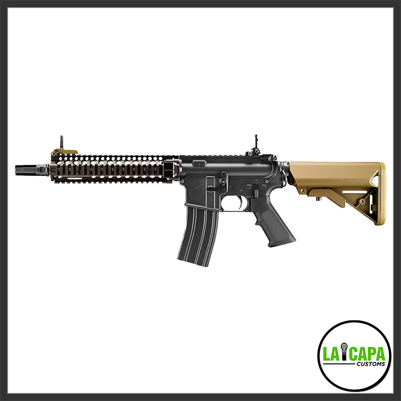 Tokyo Marui x Colt x Daniel Defense Mk18 Mod.1 Recoil Shock AEG rifle in black and tan, left-side profile view showing the Daniel Defense quad-rail handguard and tan stock.