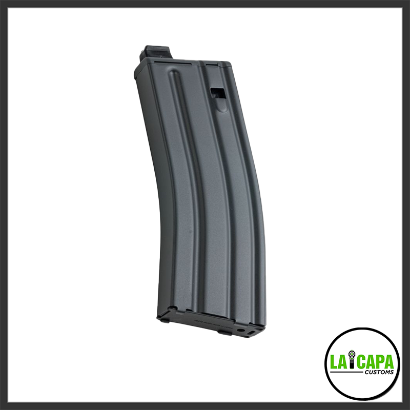 Tokyo Marui EVOLT M4 81-round AEG magazine in black, angled view showing the curved body and feed lips.