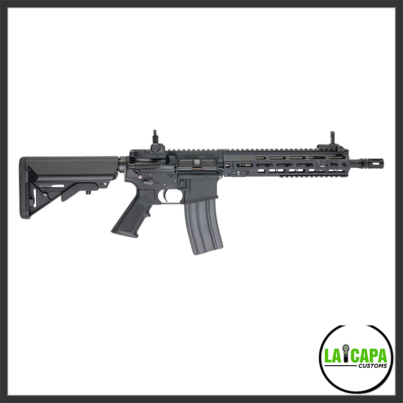 Tokyo Marui EVOLT RS FPR MK4 AEG rifle in black shown in full left-side profile with M-LOK handguard, folding sights and collapsible stock.