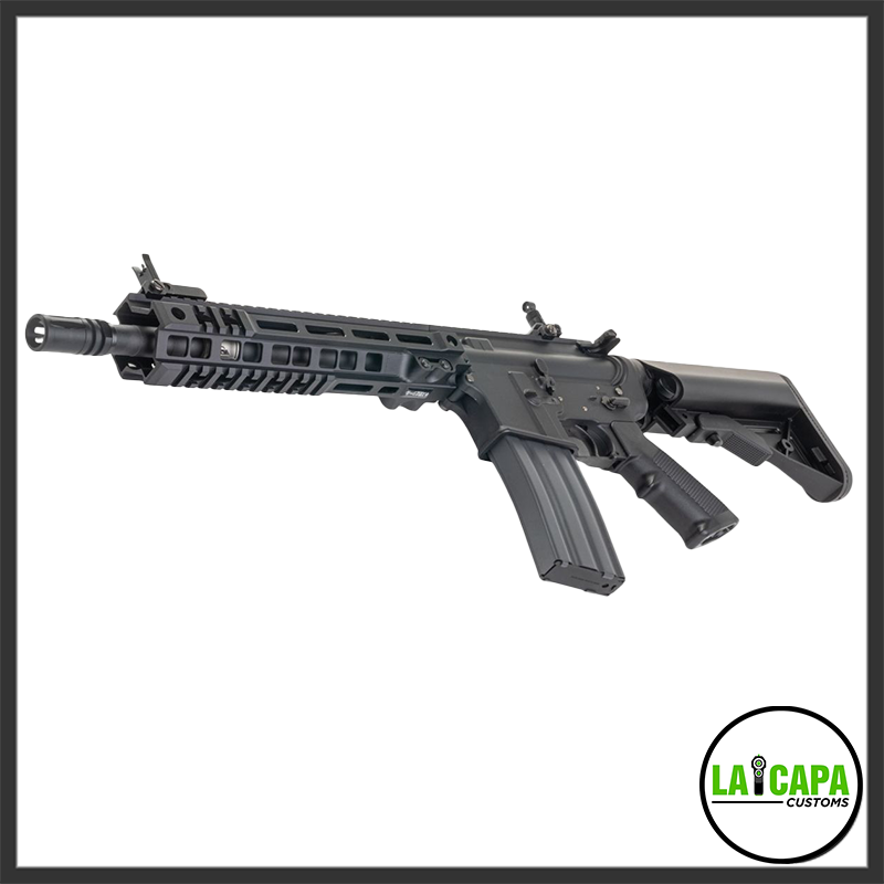 Tokyo Marui EVOLT RS FPR MK4 Recoil AEG shown from the left side, with M-LOK handguard, muzzle device, dual magazines, folding stock, and flip-up rear sight visible.