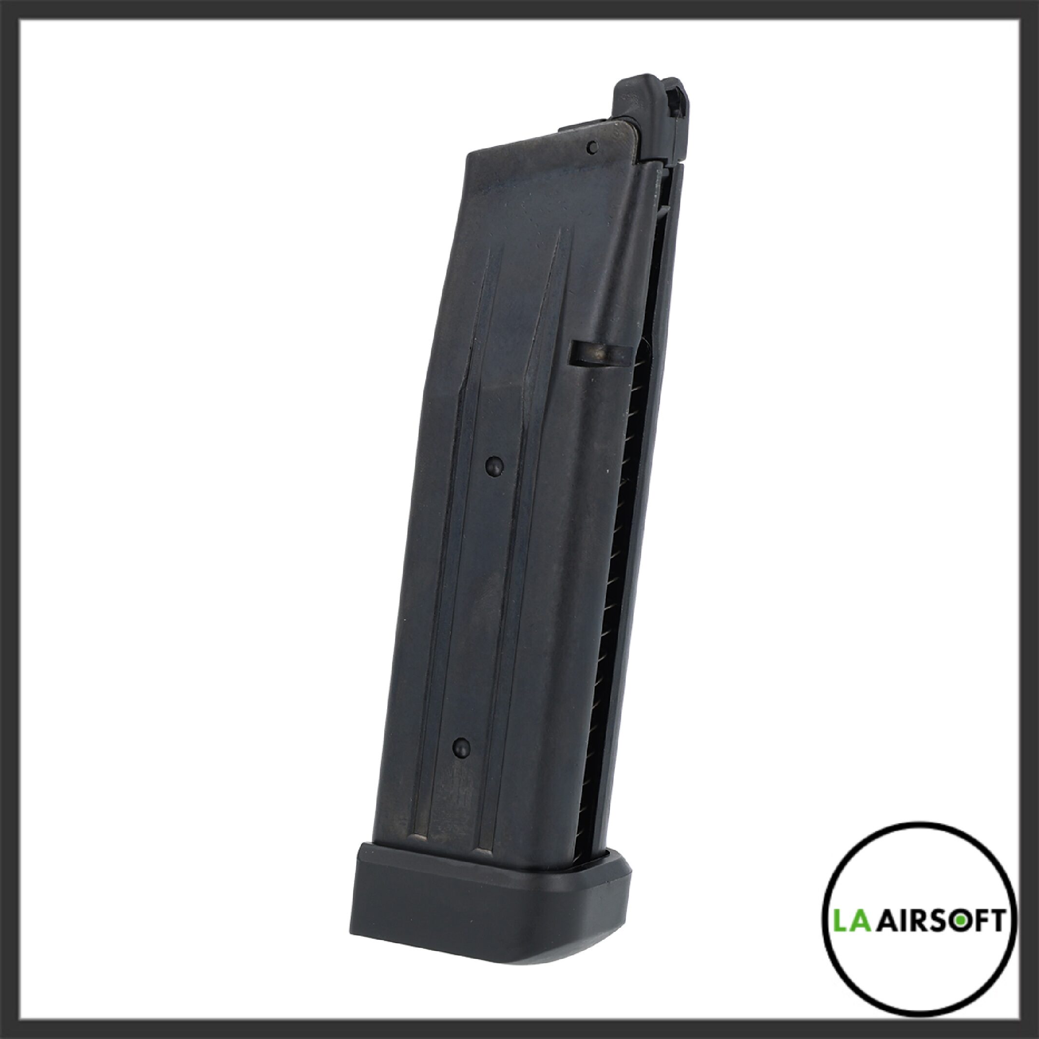 Tokyo Marui 31-round Hi-Capa black magazine, angled rear view showing the BB feed lips, spine ribbing and black base pad.