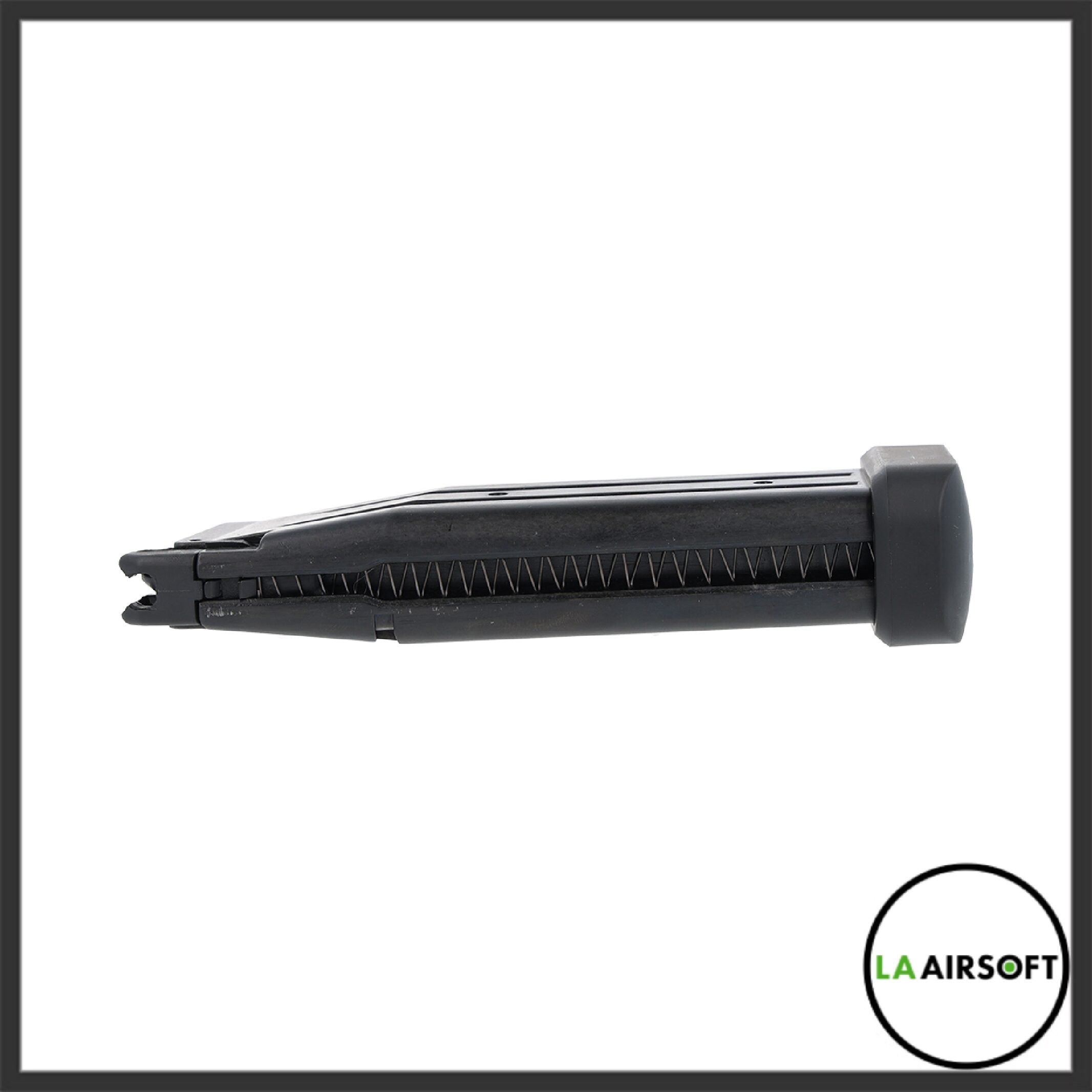 Tokyo Marui Hi Capa 31-round black magazine shown horizontally from the opposite side, with feed lips at left and basepad at right.