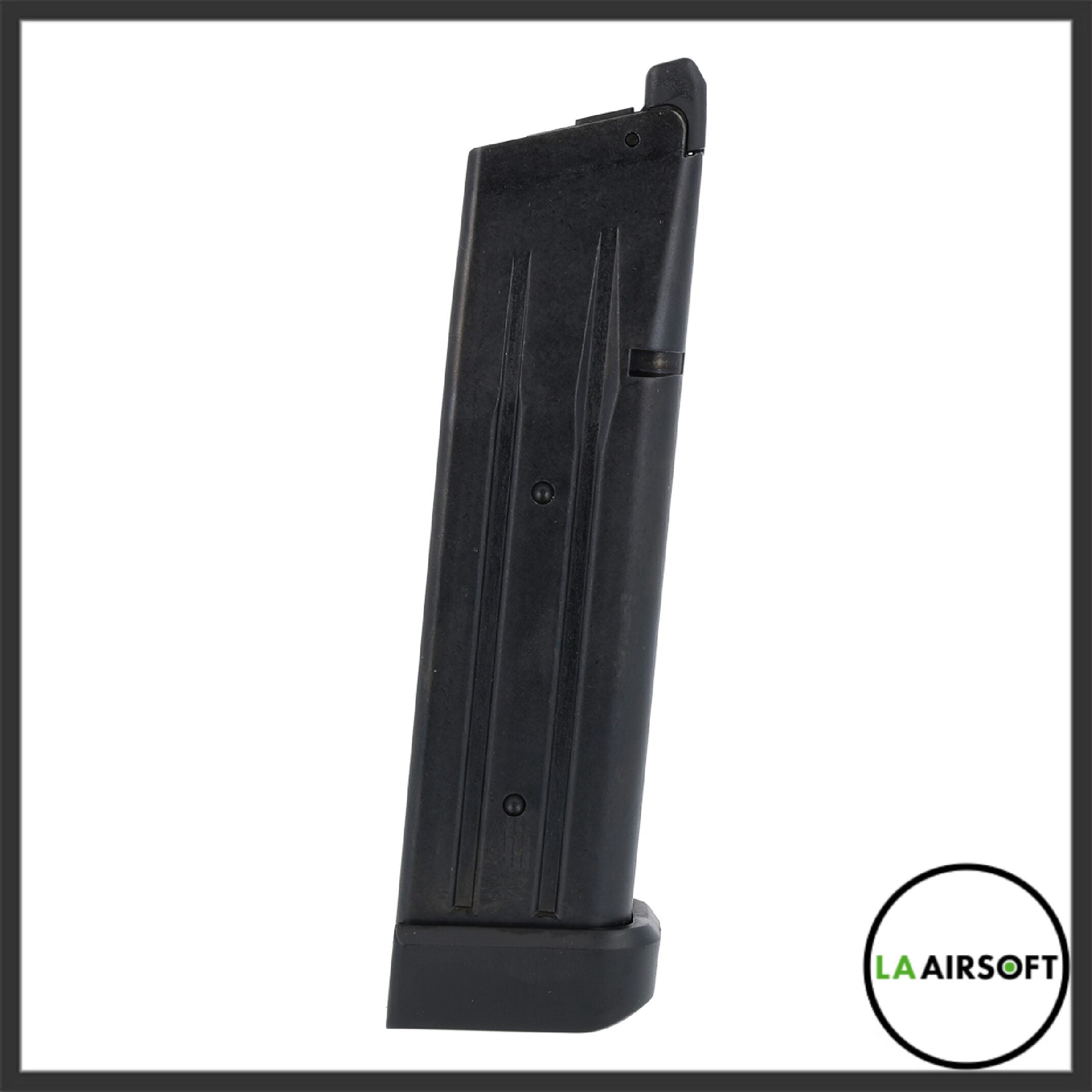 Tokyo Marui 31-round Hi-Capa magazine in matte black finish, angled side view showing the flat body and black polymer base pad.