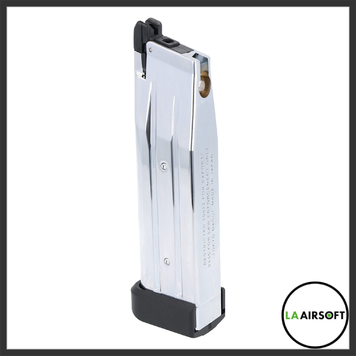 Tokyo Marui 31-round Hi-Capa stainless magazine viewed from the front edge, showing the narrow profile, gas fill port and black base pad.