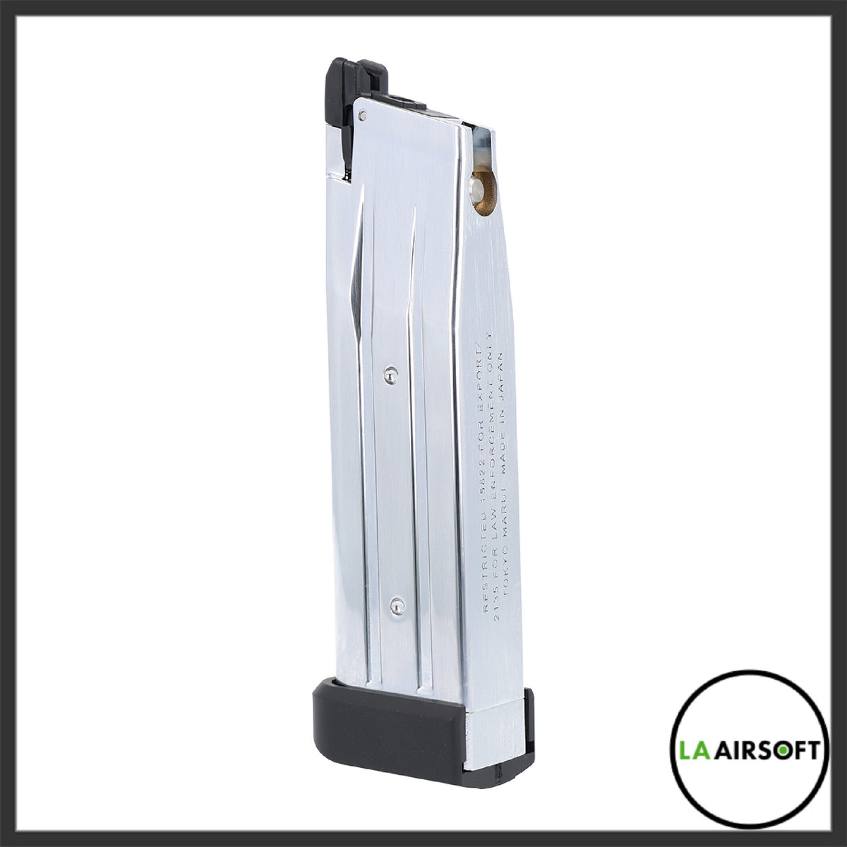 Tokyo Marui 31-round Hi-Capa magazine in polished stainless finish, side view showing engraved Tokyo Marui markings and black base pad.