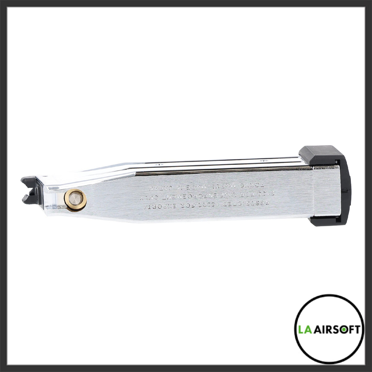 Side view of the Tokyo Marui Hi Capa 31-round stainless steel magazine, showing engraved text and brass fill valve.