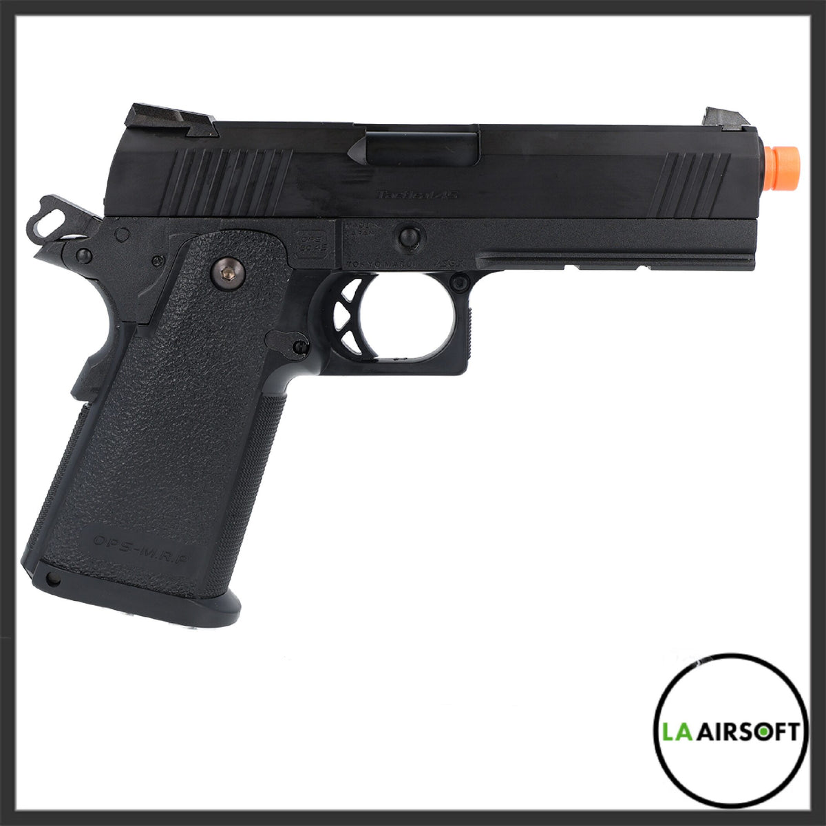 Tokyo Marui Hi-Capa 4.3 Tactical Custom black gas blowback airsoft pistol shown from the left side, with all-black finish, skeletonized trigger guard, and orange muzzle cap.