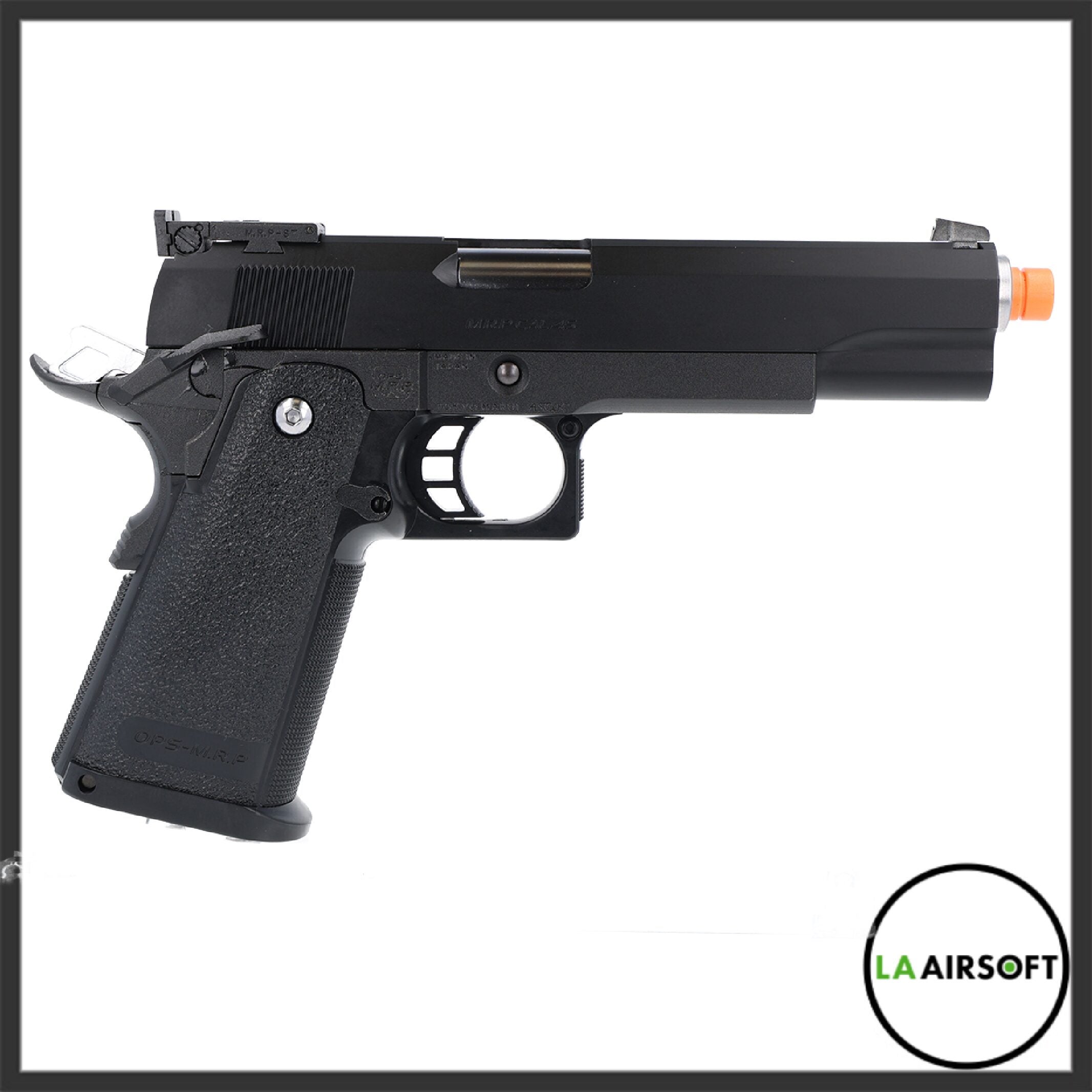 Tokyo Marui Hi-Capa 5.1 airsoft gas blowback pistol in black, shown from the left side with orange muzzle tip visible.