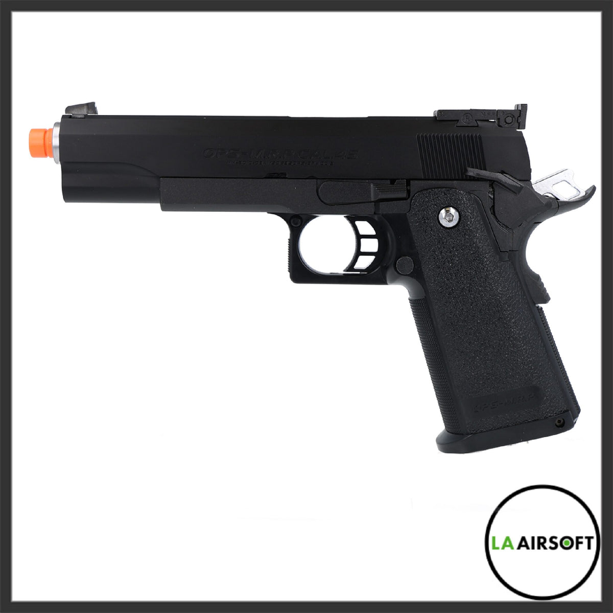 Tokyo Marui Hi-Capa 5.1 airsoft gas blowback pistol in black, left-side view showing the full-length slide, open trigger guard and textured grip panels.