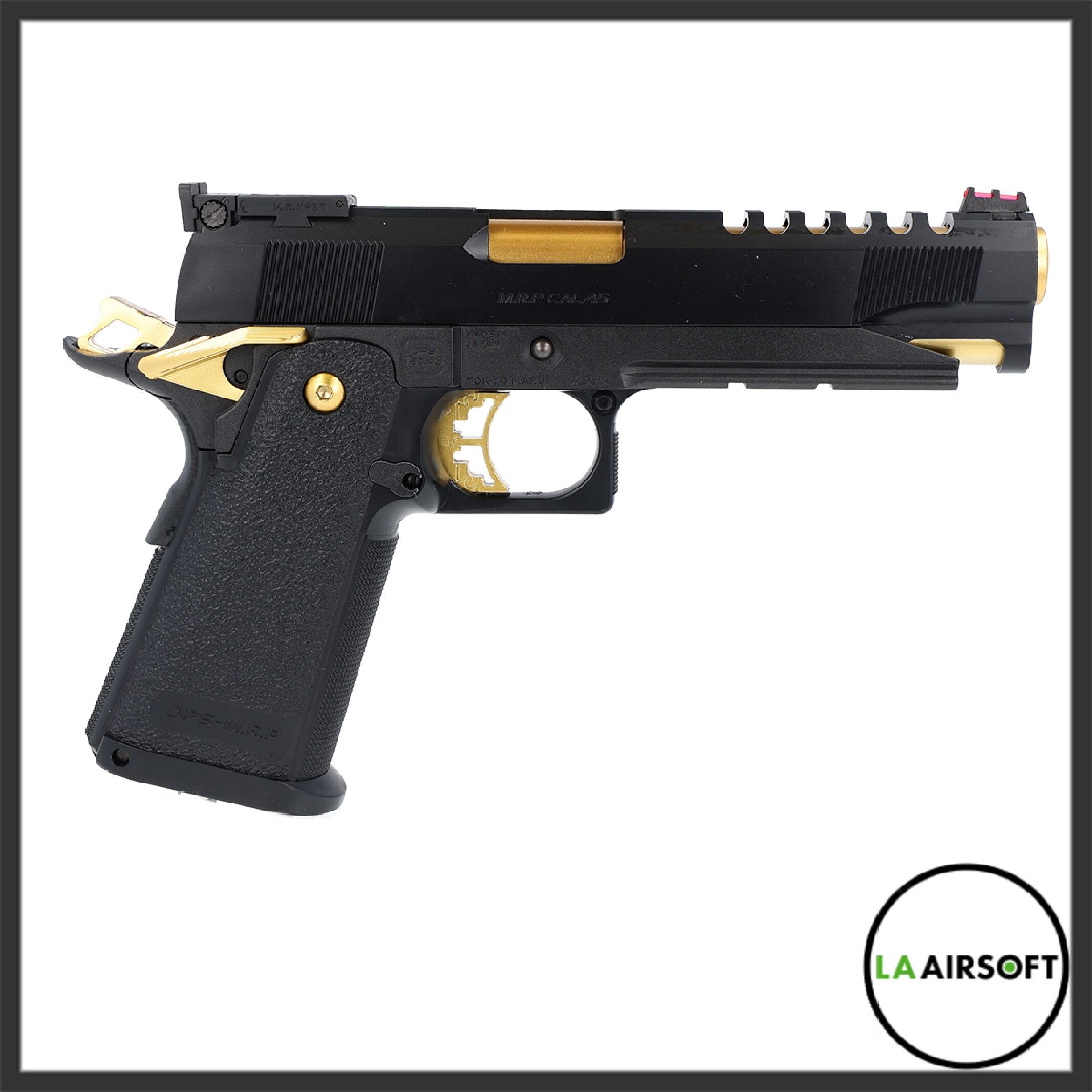 Tokyo Marui Hi-Capa 5.1 Gold Match gas blowback airsoft pistol, left-side view showing black slide with gold trigger, hammer and barrel bushing, and a red fibre-optic front sight.