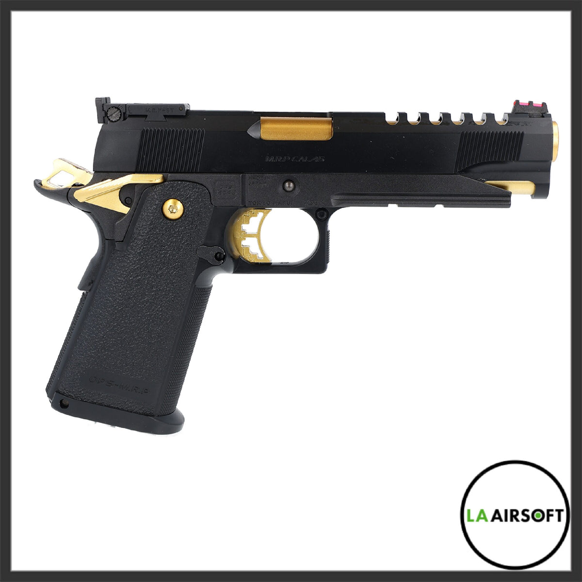 Tokyo Marui Hi-Capa 5.1 Gold Match gas blowback airsoft pistol, left-side view showing black slide with gold trigger, hammer and barrel bushing, and a red fibre-optic front sight.