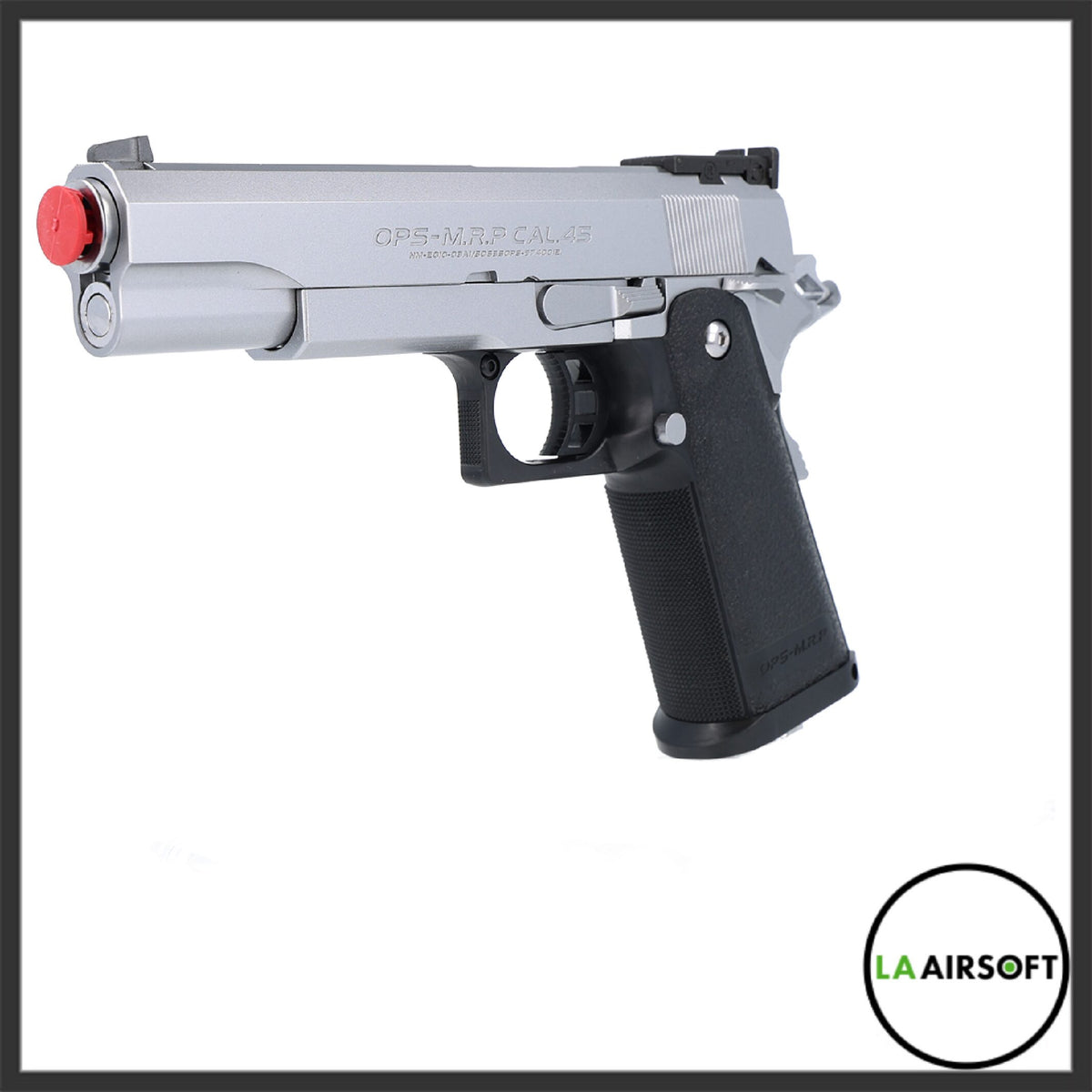 Tokyo Marui Hi-Capa 5.1 Stainless gas blowback pistol, right-side view showing the silver slide marked OPS-M.R.P CAL.45 and black grip frame.