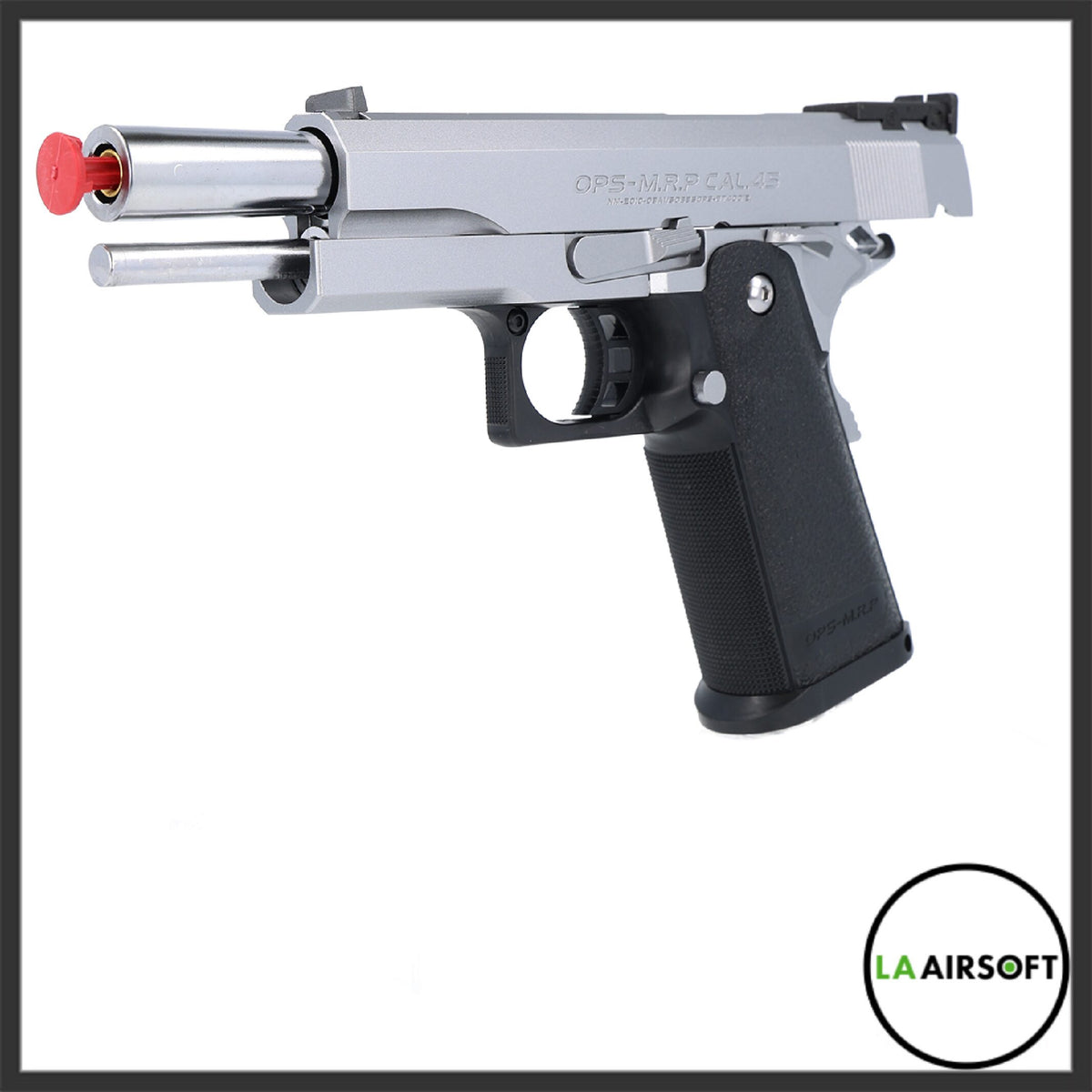 Tokyo Marui Hi-Capa 5.1 Stainless airsoft pistol shown from the left side, with a silver slide and frame paired with a black grip and a red muzzle cap.