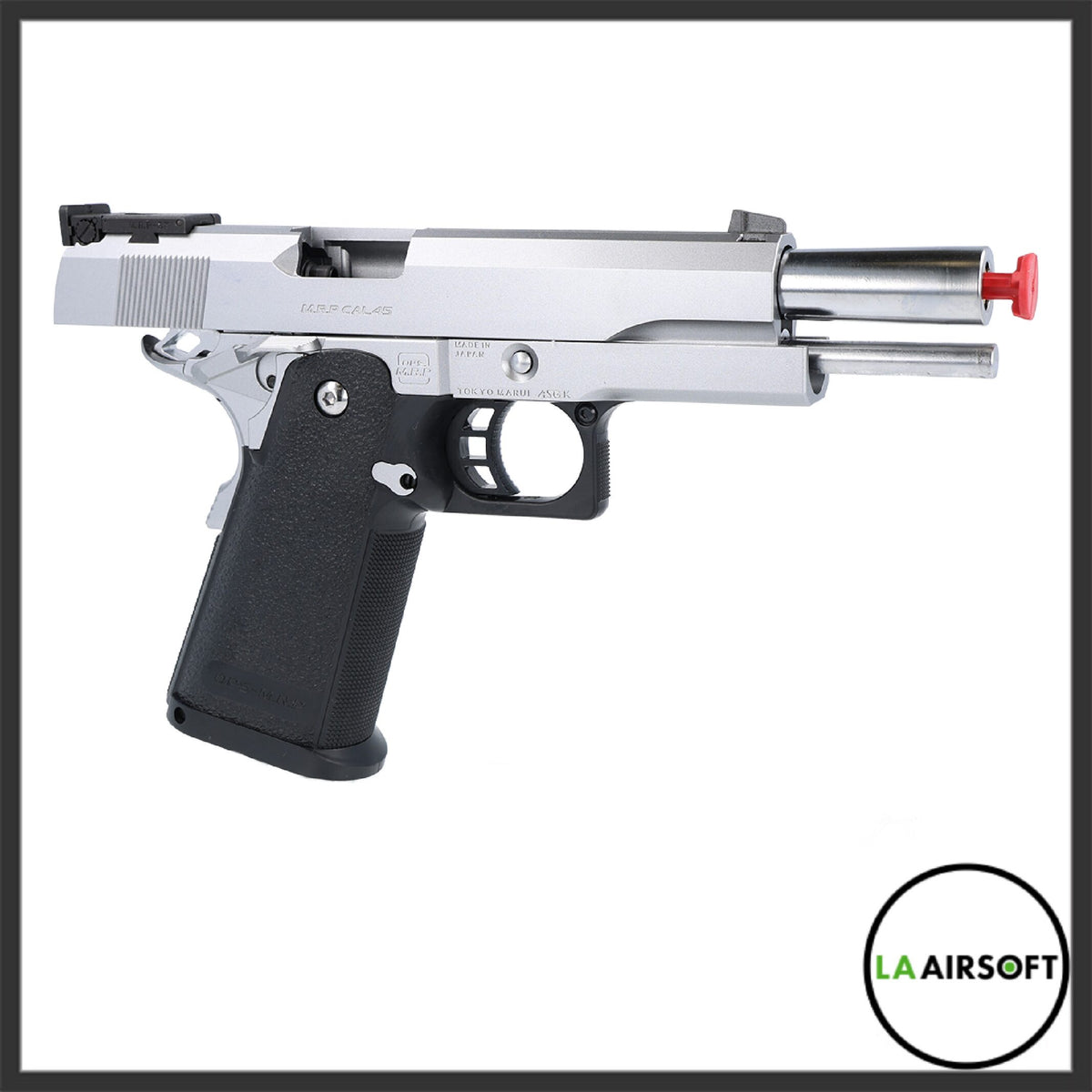 Tokyo Marui Hi-Capa 5.1 Stainless gas blowback airsoft pistol in silver slide with black grip, right-side profile showing the exposed outer barrel and red muzzle tip.