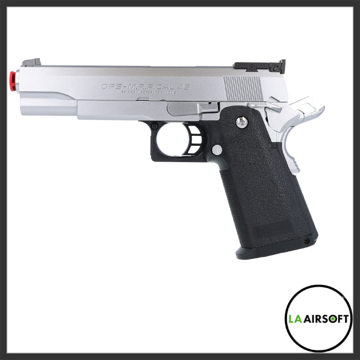 Tokyo Marui Hi-Capa 5.1 Stainless gas blowback airsoft pistol shown in right-side profile, with silver slide marked OPS-M.R.P CAL.45 and black textured grip.