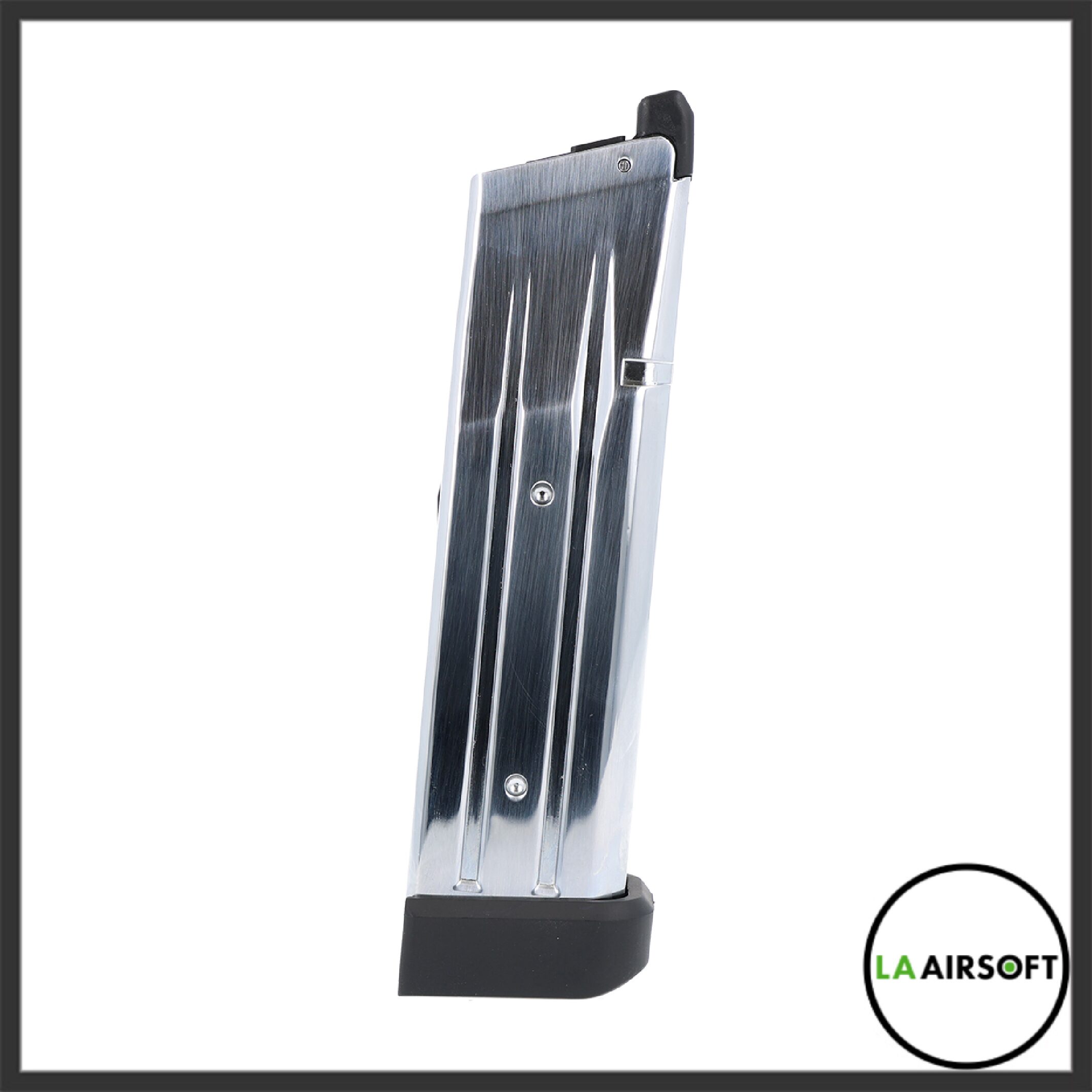 Tokyo Marui Hi-Capa 45 Extreme airsoft pistol magazine in silver, standing upright showing the brushed face and extended base pad.