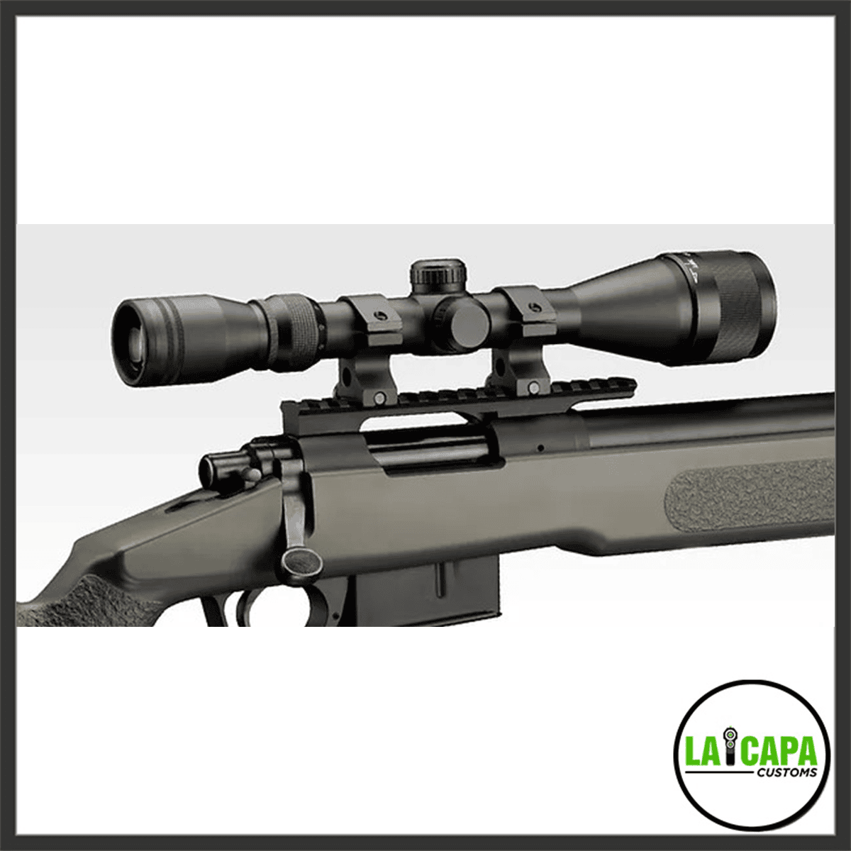 Tokyo Marui High Mount Ring fitted on a bolt-action airsoft sniper rifle, shown with a rifle scope mounted, side angle view.