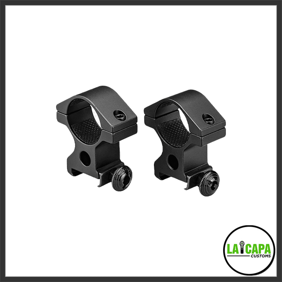 Pair of black high-mount scope rings with textured inner surfaces and rail-clamp bases, shown from a front-angle view.