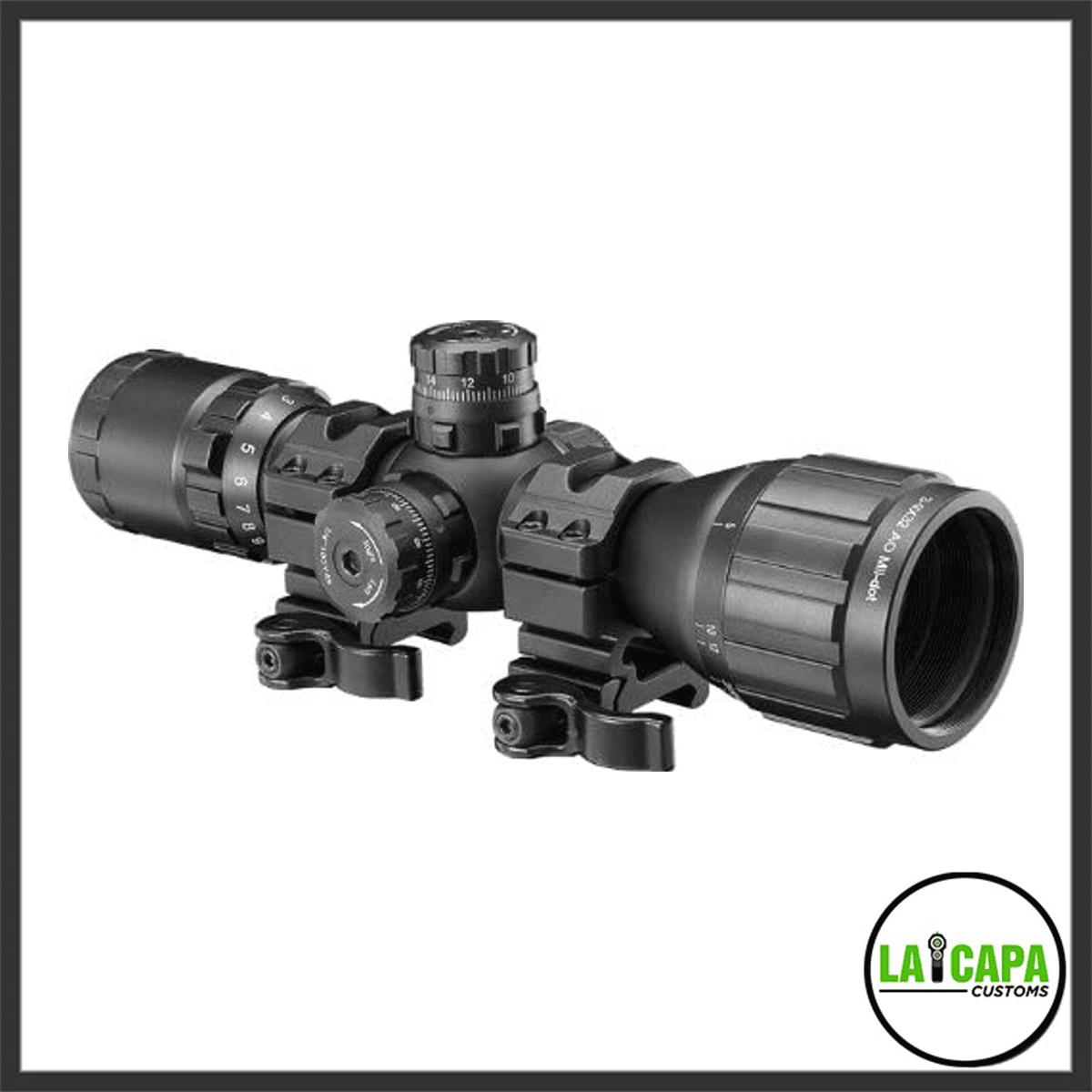 Tokyo Marui illuminated short zoom scope with mount ring set in black, showing the objective lens, turret adjusters, and quick-release ring mounts.