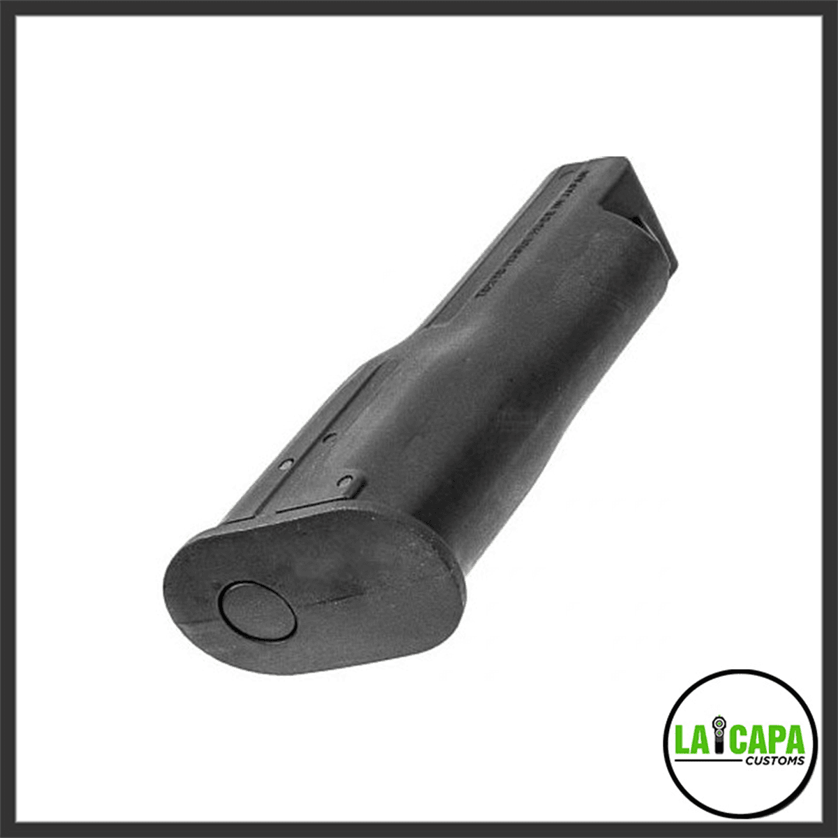 Tokyo Marui M870 Breacher gas tank laid on its side, showing the base fill port and the tapered body from the bottom end.