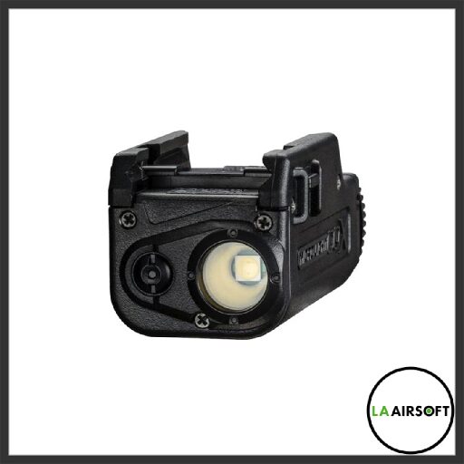 Front-facing view of the Tokyo Marui Micro Light CQX in black, showing the circular LED lens and textured body with rail mount.
