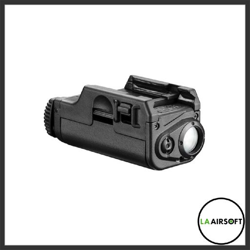 Side profile of the Tokyo Marui Micro Light CQX compact LED weapon light in black, showing the rail clamp and lens from the right.