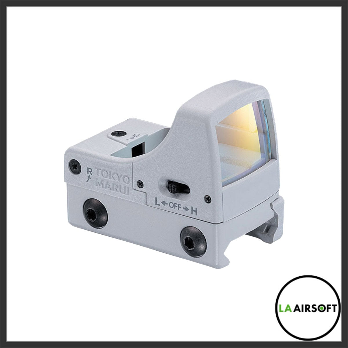 Tokyo Marui Micro Pro Sight in white, angled three-quarter view showing the lens, brightness switch, and Picatinny mount.