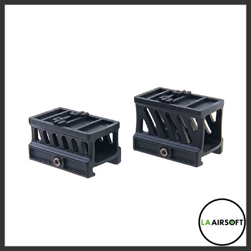 Two black Tokyo Marui Micro Pro Sight mid and high mounts side by side, showing the slatted cage body and Picatinny rail base.