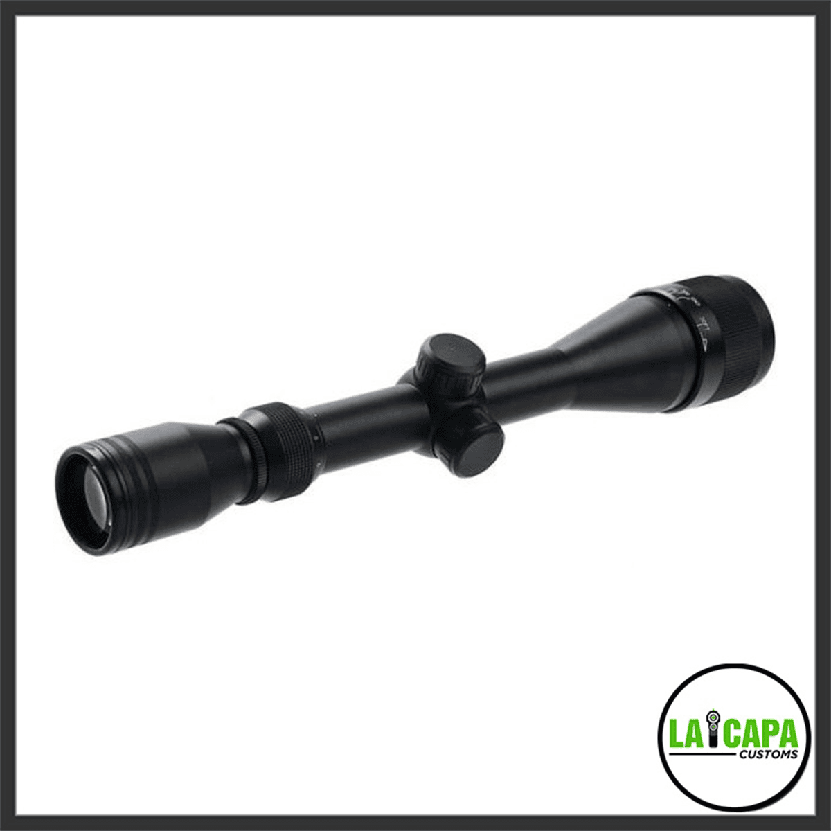 Tokyo Marui Proscope Zoom 3-9x rifle scope in black, angled side view showing the objective lens, turret caps, and eyepiece zoom ring.