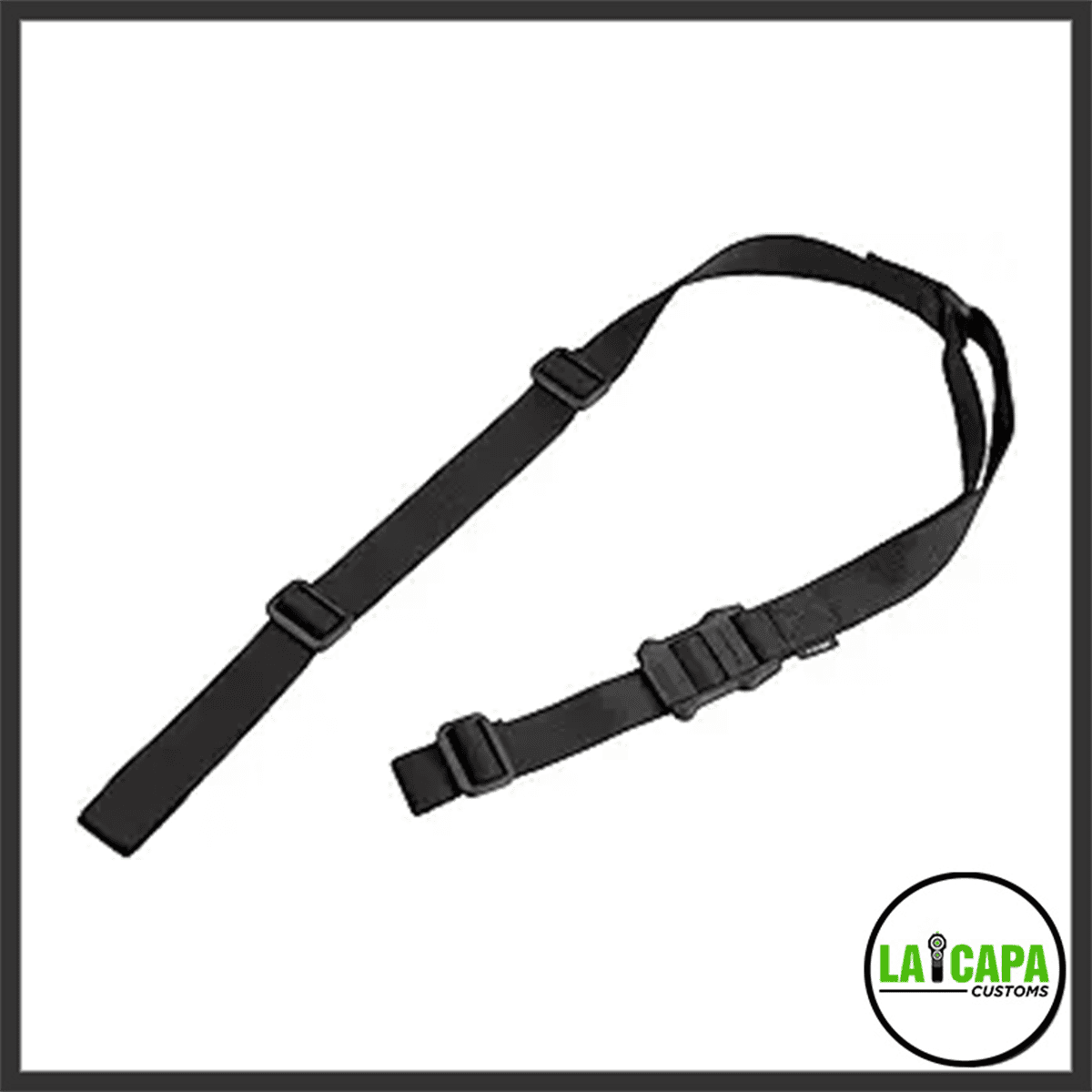 Tokyo Marui Quick Adjust 2-point sling in black, laid flat showing the adjustment buckle and quick-release hardware.