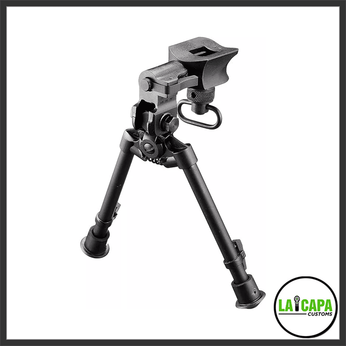 Tokyo Marui TAC-BIPO tactical bipod standing on extended legs, showing the Picatinny rail mount and sling swivel stud at the top.
