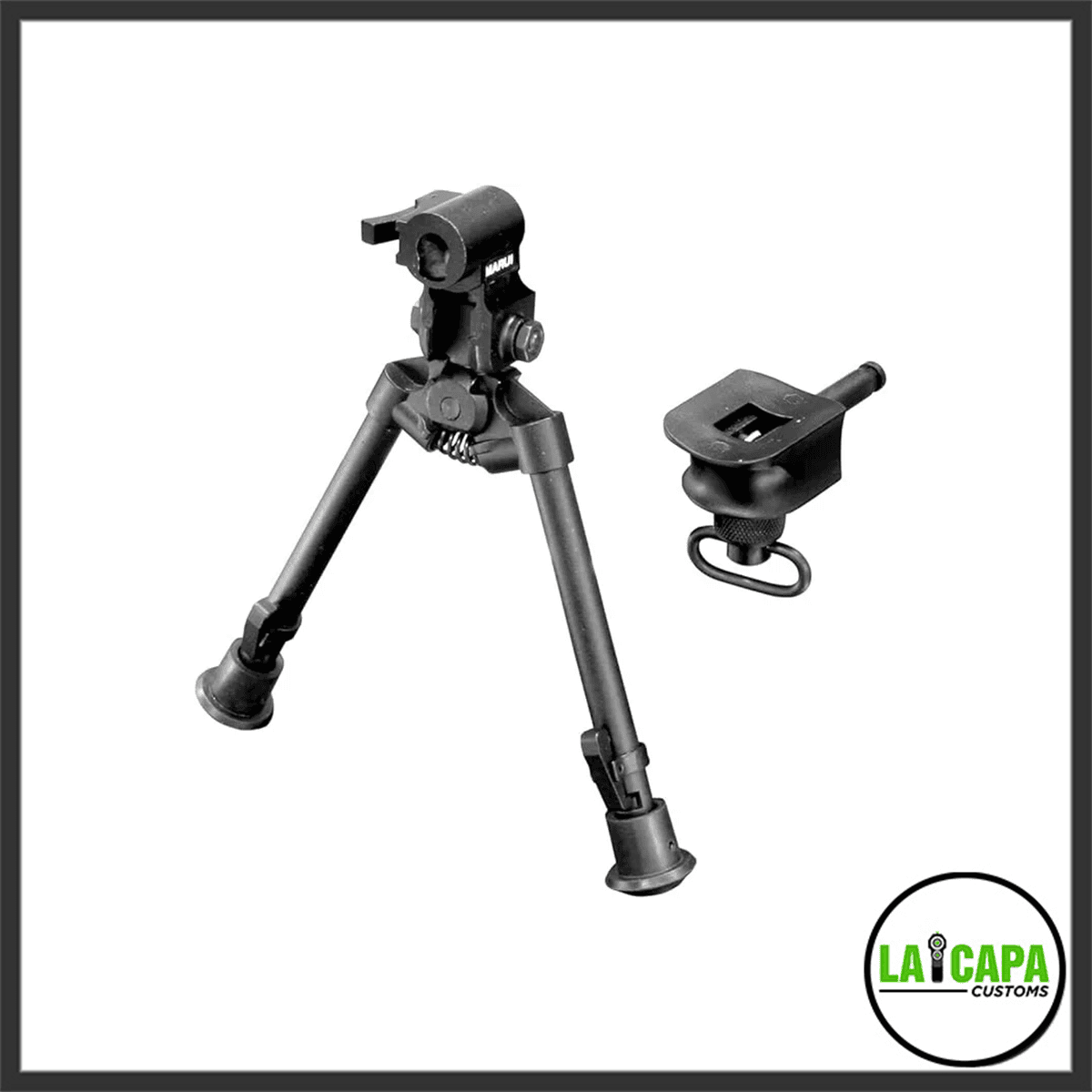 Tokyo Marui TAC-BIPO tactical bipod with legs extended, shown alongside its separate sling-stud rail-mount adapter.