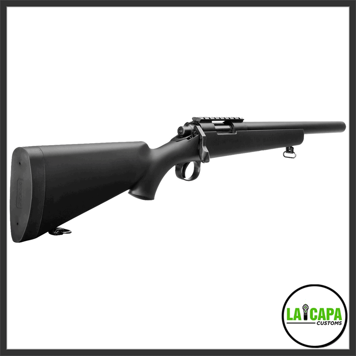 Tokyo Marui VSR-10 G-Spec bolt-action sniper rifle in black, right-side view showing the short suppressed barrel, top rail, bolt handle, and sling swivels.
