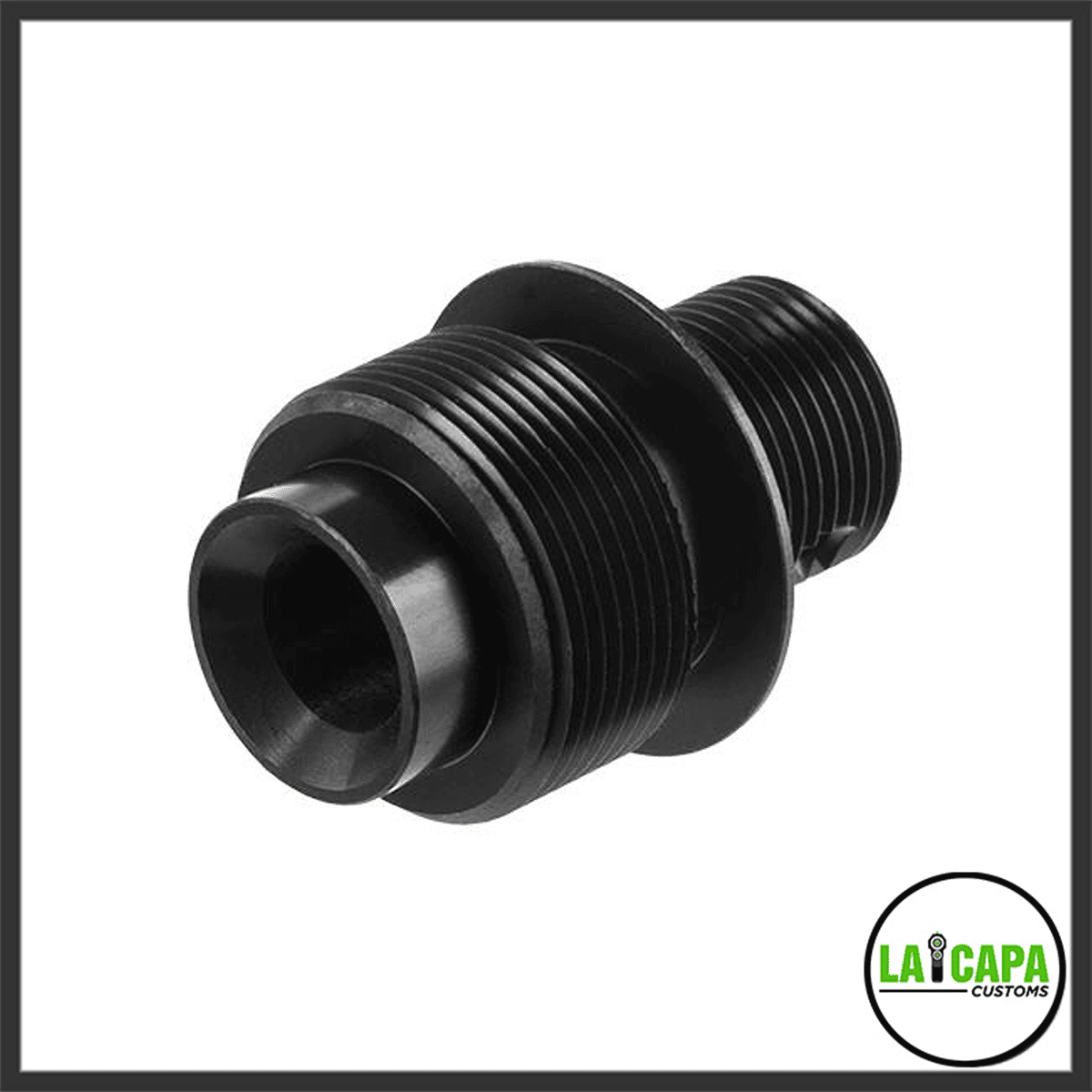 Tokyo Marui VSR-10 muzzle attachment adapter in black, showing threaded male and female ends at an angled close-up.