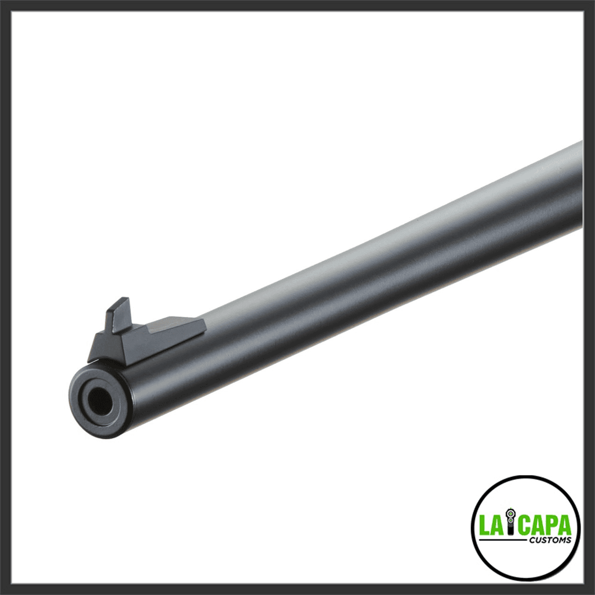 Close-up of the Tokyo Marui VSR-10 Pro muzzle end, showing the barrel crown and front sight post from a low front angle.