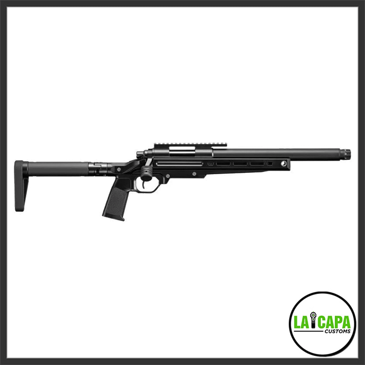 Tokyo Marui VSR-ONE airsoft sniper rifle in black, left-side view showing the folding stock, pistol grip, slotted chassis, top Picatinny rail, and threaded muzzle.