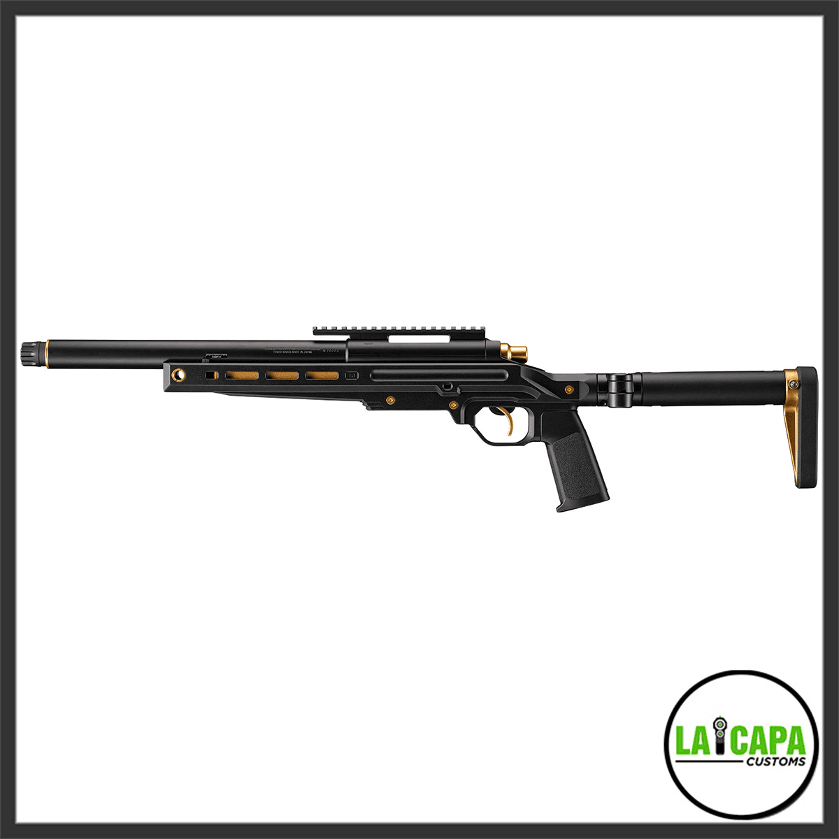 Tokyo Marui VSR-ONE Gold Match airsoft sniper rifle in full left-side profile, showing black body with gold trigger, barrel tip, and folded side stock.