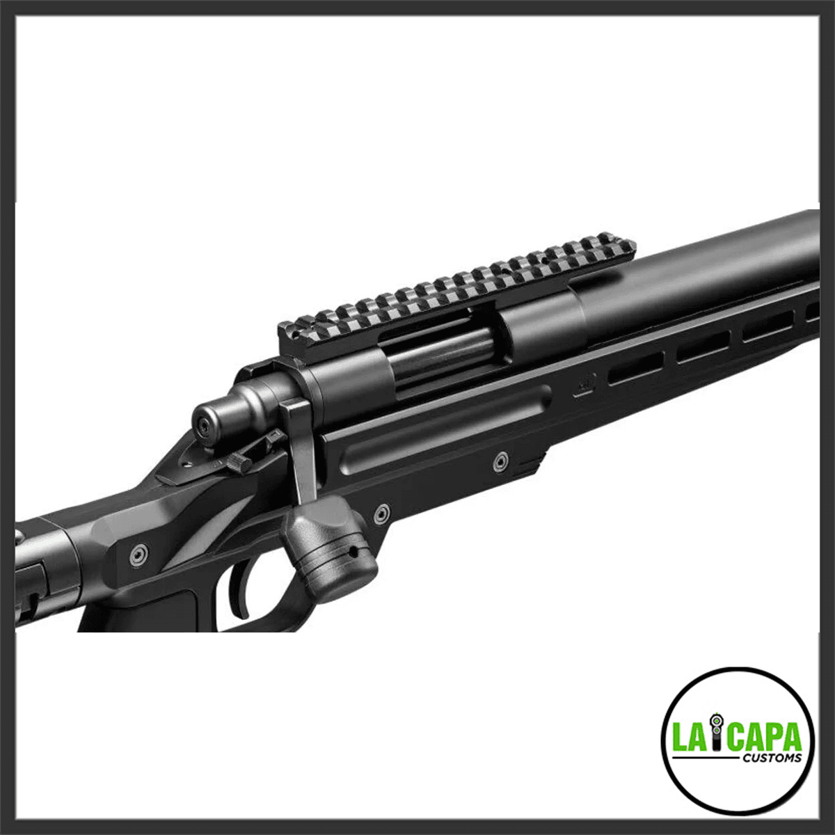 Close-up of the Tokyo Marui VSR-ONE action area showing the bolt handle, Picatinny top rail, M-LOK handguard, and trigger guard.
