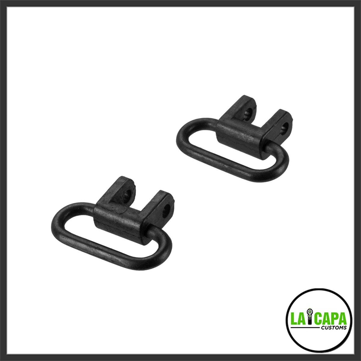 Pair of black quick-detach sling swivels with oval loops and spring-pin bodies, shown loose on a white background.