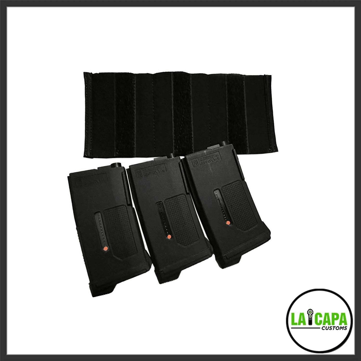 Three black airsoft M4-style magazines laid in front of a black elastic triple magazine pouch, shown separated on a white background.