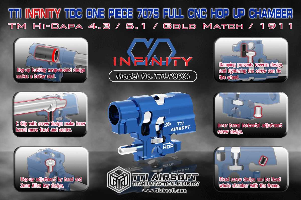 Feature diagram for the TTI Infinity TDC one-piece 7075 CNC hop-up chamber, model TTI-P0031, showing six callouts covering the bucking wrap-around seal, C-clip barrel centering, hand and 2mm Allen key adjustment, damping anti-reverse wheel, horizontal barrel adjustment screw, and frame-fixing screw design.