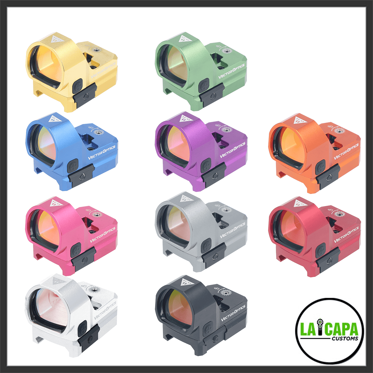 Vector Optics Frenzy red dot sight shown in ten colour variants including gold, green, blue, purple, orange, pink, grey, red, white and black.